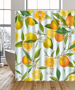 Citrus Floral Print Shower Curtain with Lemon and Flower Design for Bathroom Decor