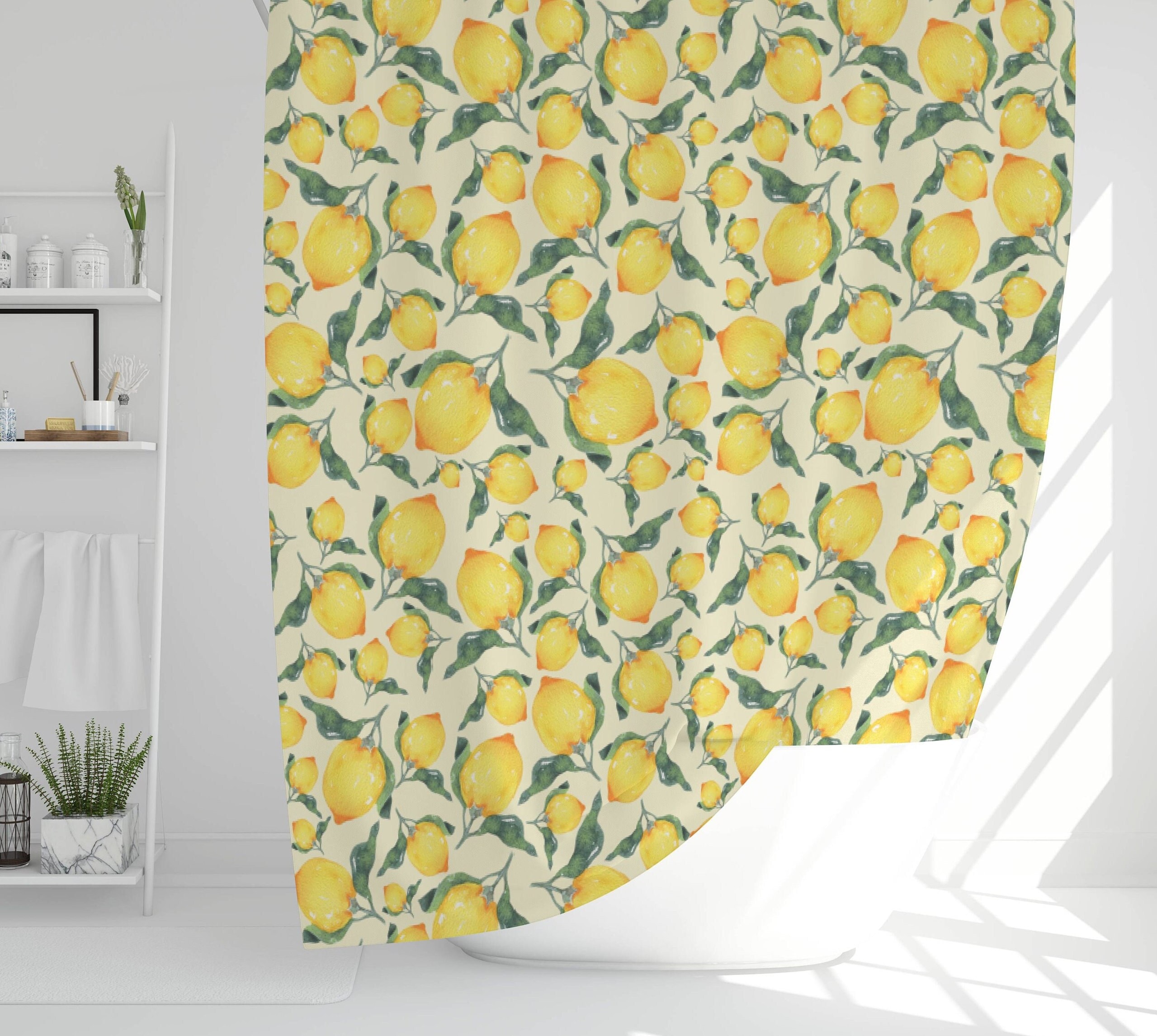 Citrus Yellow Lemon Boho Shower Curtain - Bathroom Accessories - Waterproof Fabric Home Decor Gift