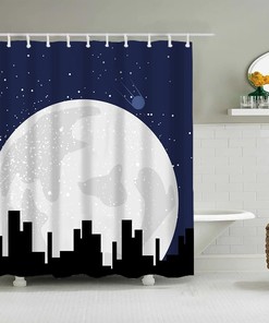 City Silhouette At Night Cartoon Stars Moon Printed Shower Curtain