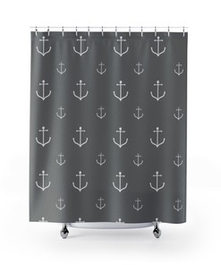 Classic Anchor Print Shower Curtain With Lighter Gray Fabric For Simple Nautical Bathroom Decor