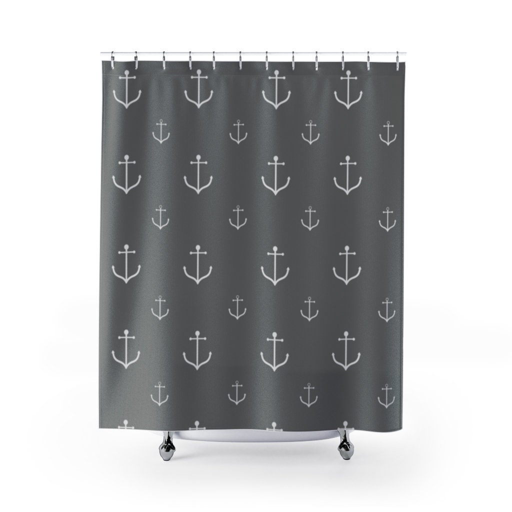 Classic Anchor Print Shower Curtain With Lighter Gray Fabric For Simple Nautical Bathroom Decor