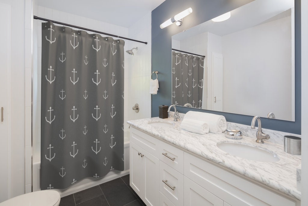 Classic Anchor Print Shower Curtain With Lighter Gray Fabric For Simple Nautical Bathroom Decor - Image 2