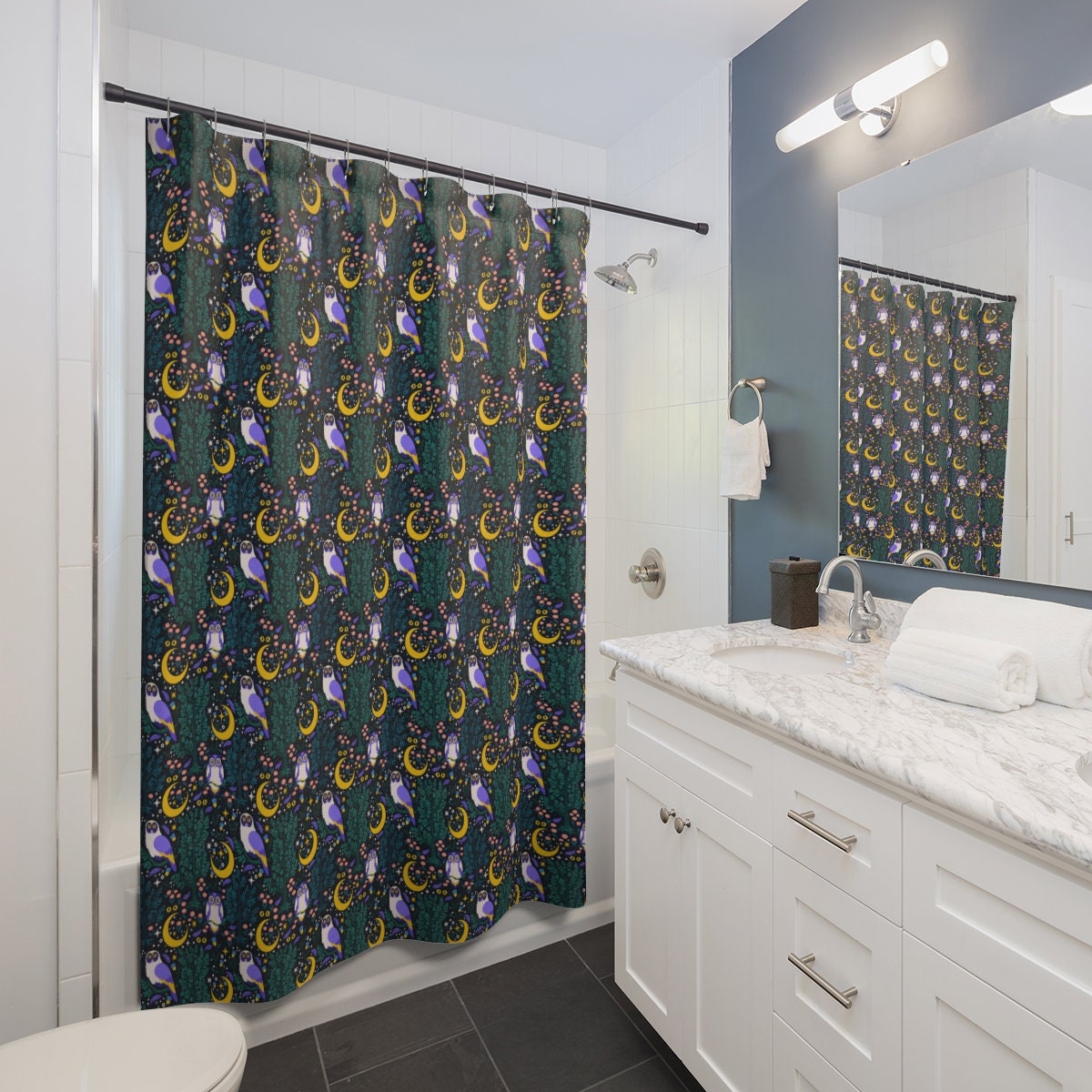Classic Art Style Night Owls Shower Curtain for a Timeless Bathroom