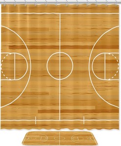 Classic Basketball Court Print Shower Curtain- Sports Game Themed Waterproof Bathroom Curtain
