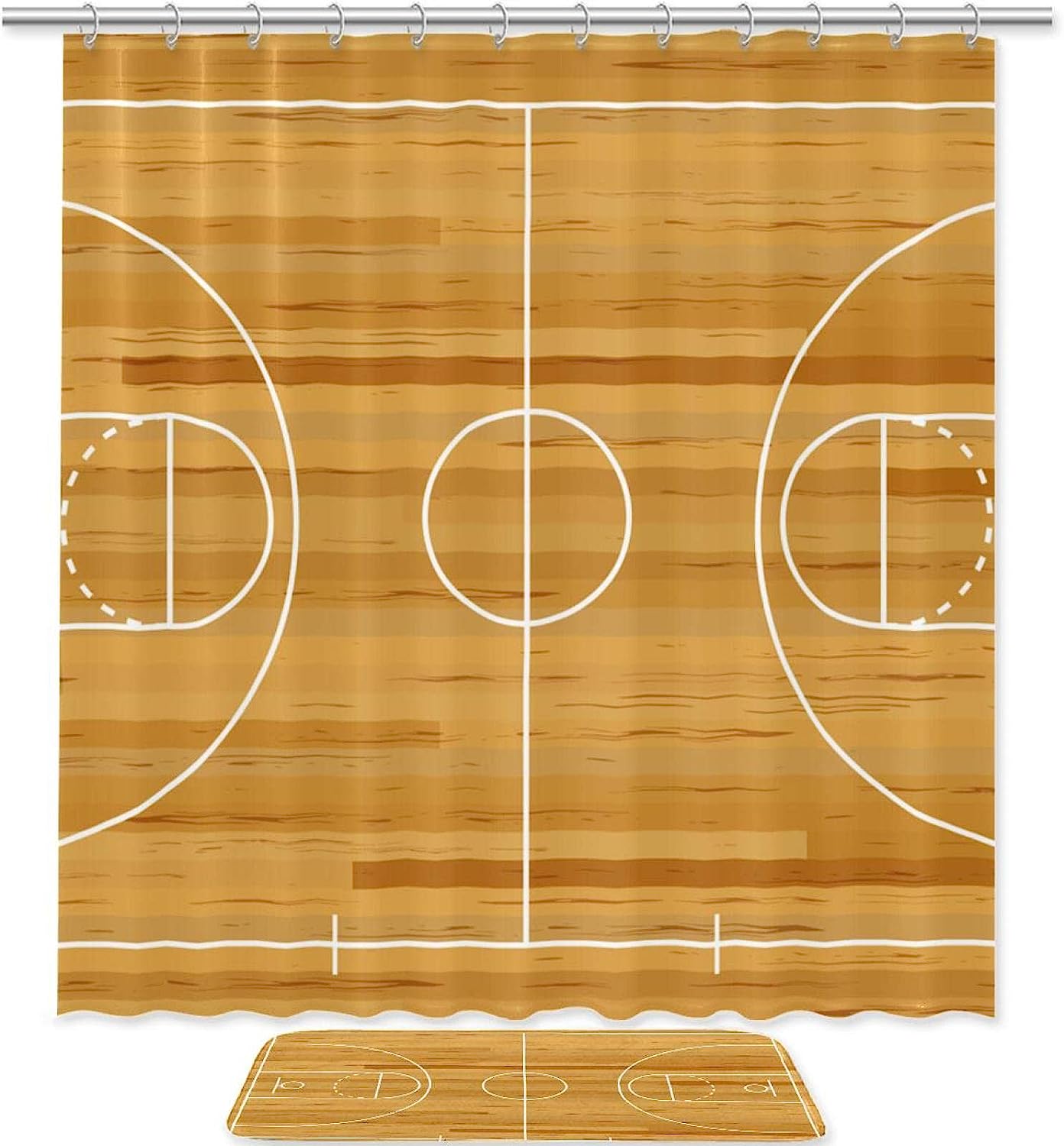 Classic Basketball Court Print Shower Curtain- Sports Game Themed Waterproof Bathroom Curtain