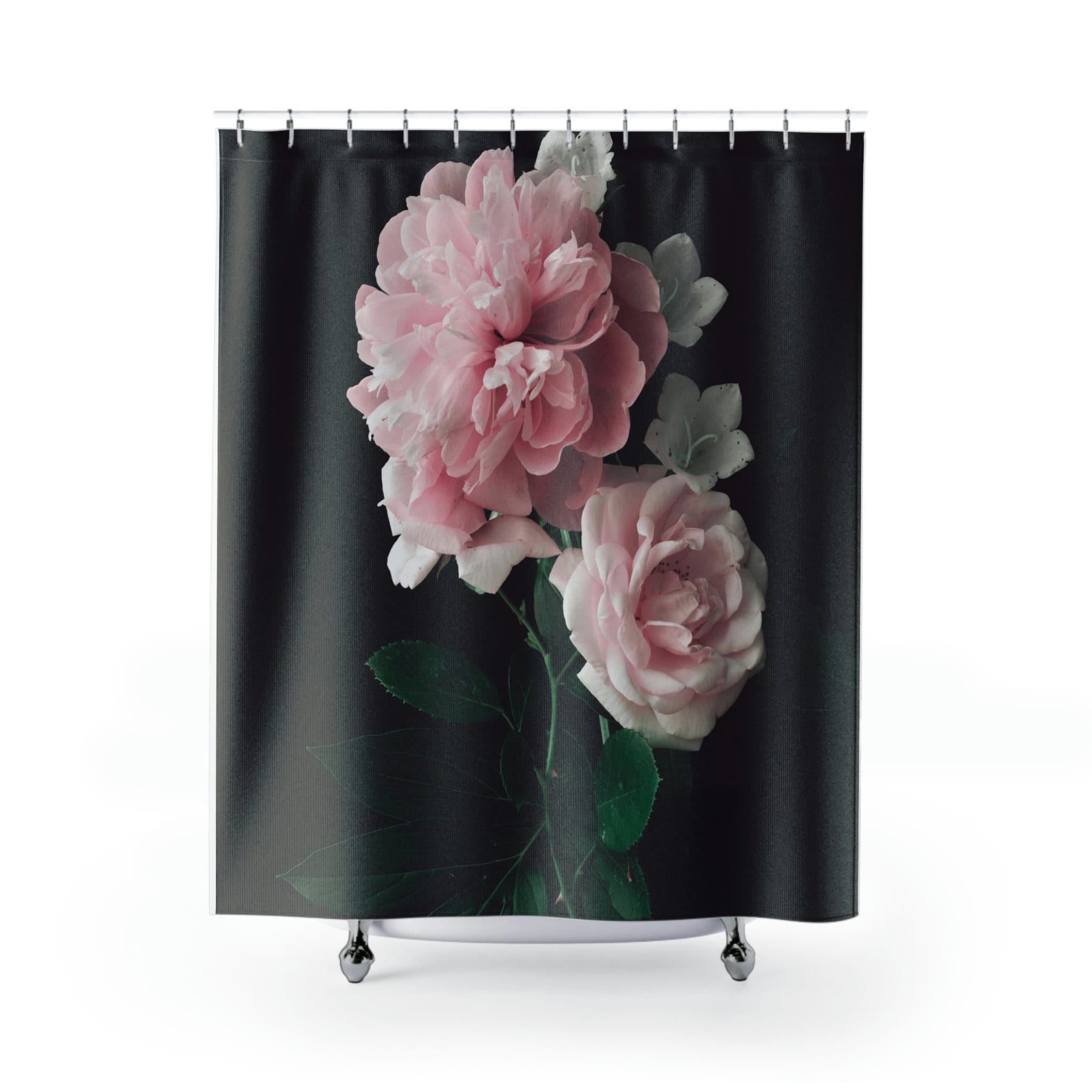 Classic Black Roses Shower Curtain with Peony Accents for a Garden-Inspired Bath