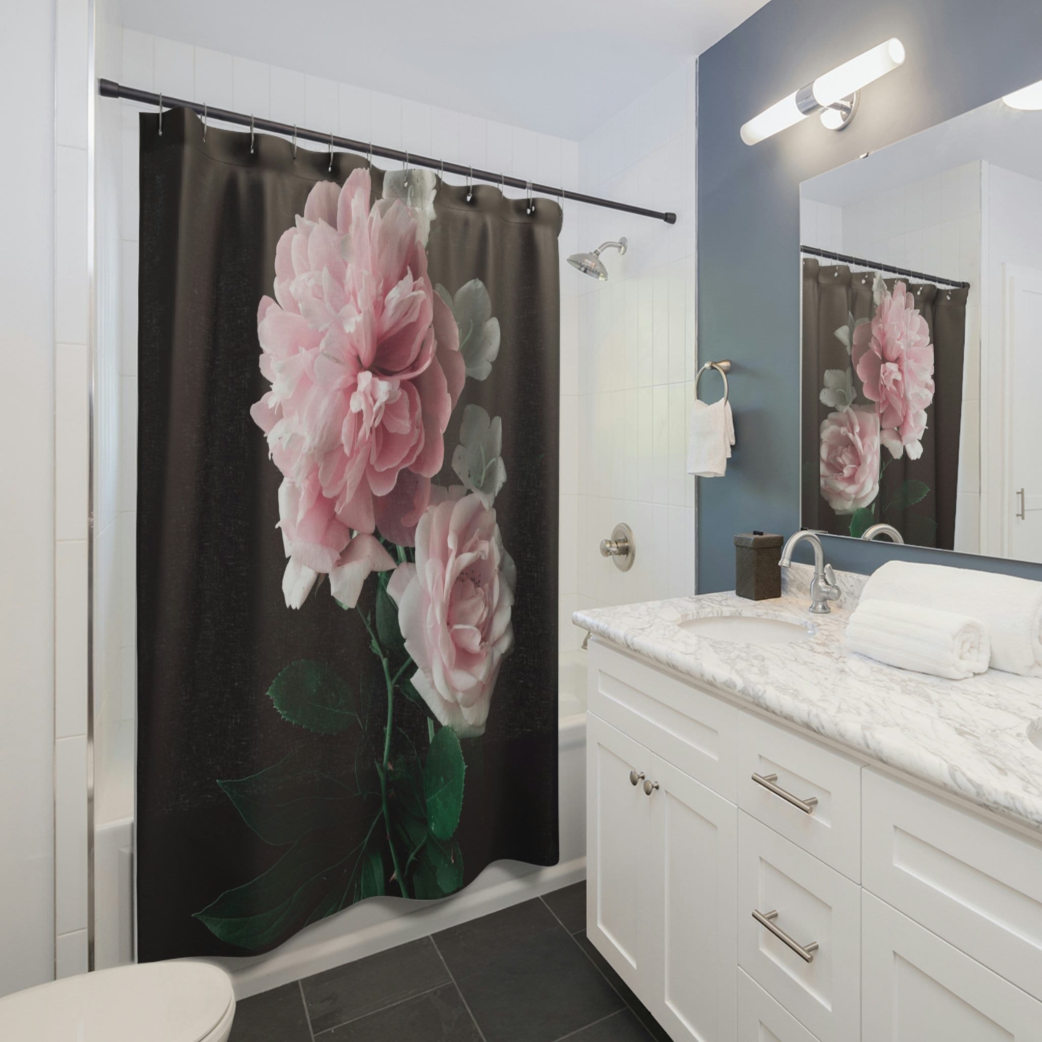 Classic Black Roses Shower Curtain with Peony Accents for a Garden-Inspired Bath