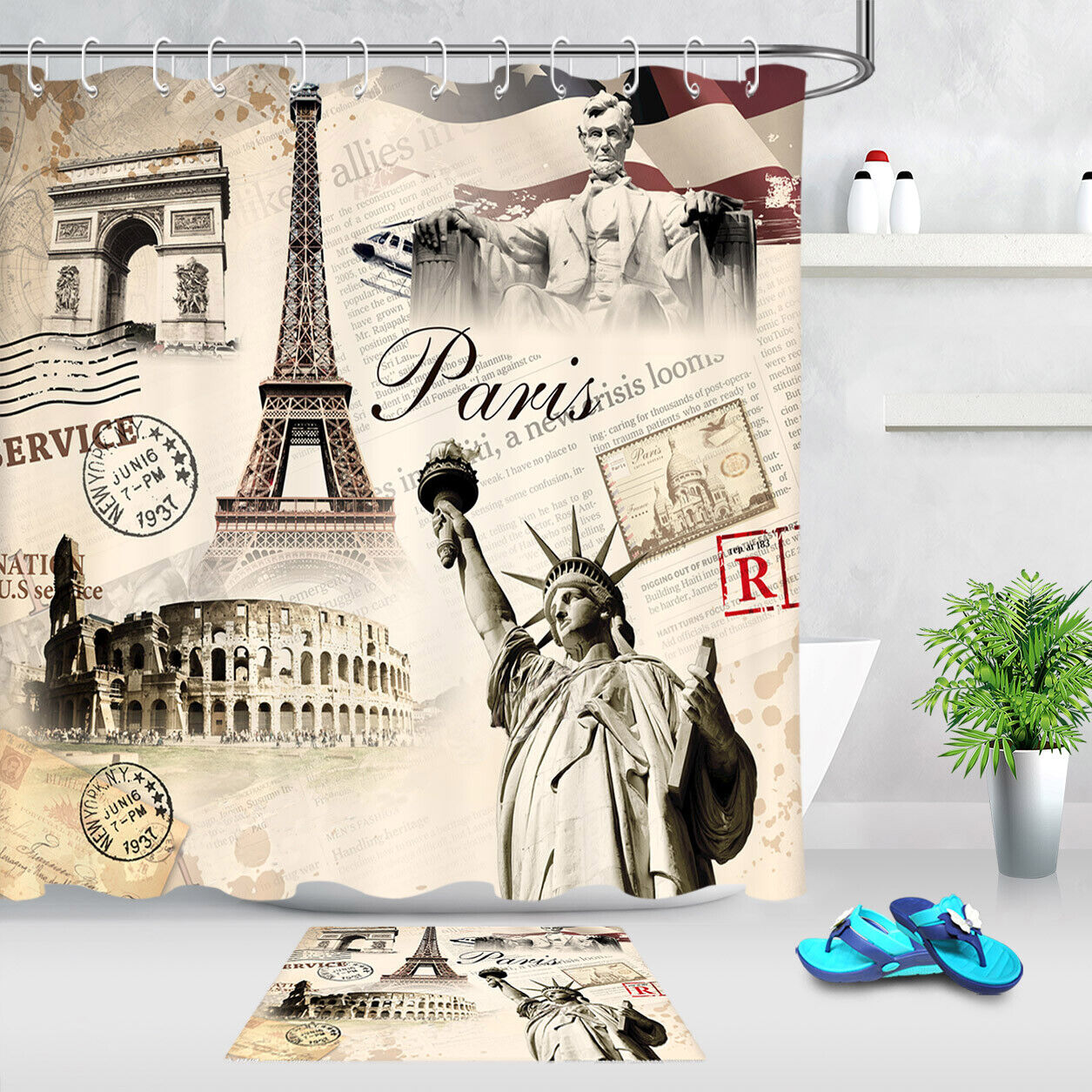 Classic Eiffel Tower Silky Fabric Shower Curtain Wall Art