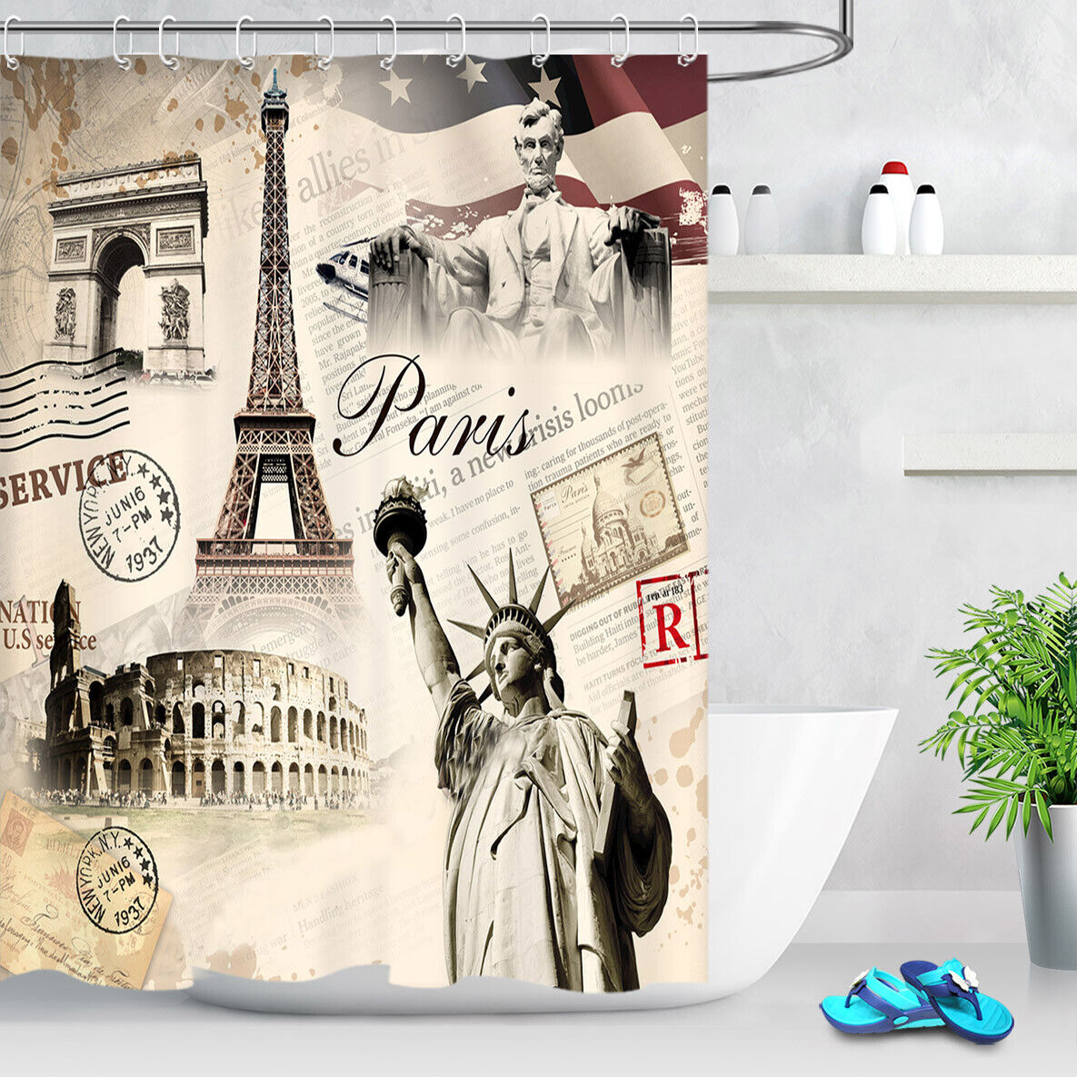 Classic Eiffel Tower Silky Fabric Shower Curtain Wall Art
