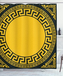 Classic Greek Key Shower Curtain With Sun Inspired Circle Print 