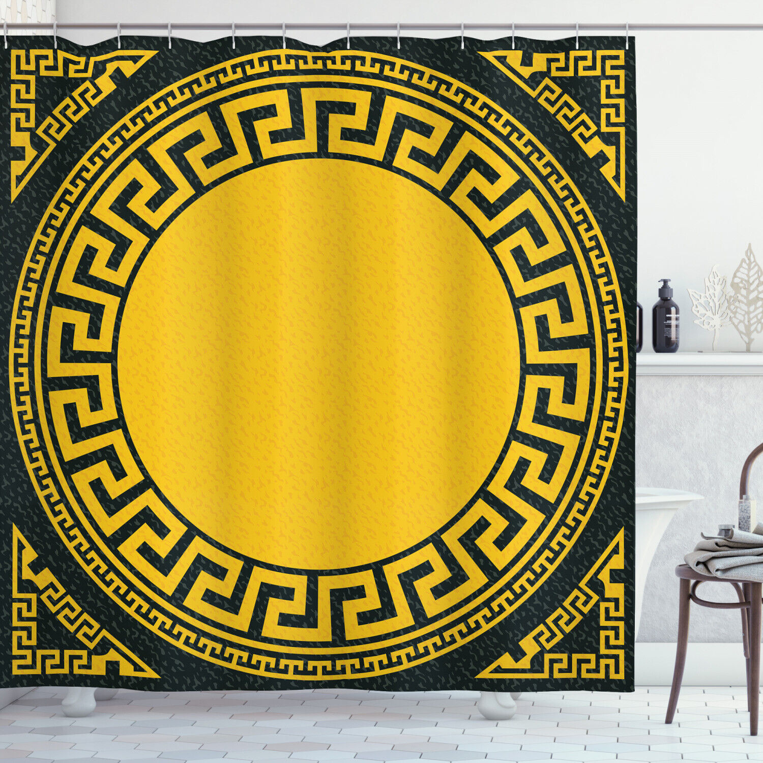 Classic Greek Key Shower Curtain With Sun Inspired Circle Print