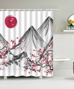 Classic Japanese Mountain View Shower Curtain With Watercolor Red Moon Fuji Landscape For Home Bathroom Decor