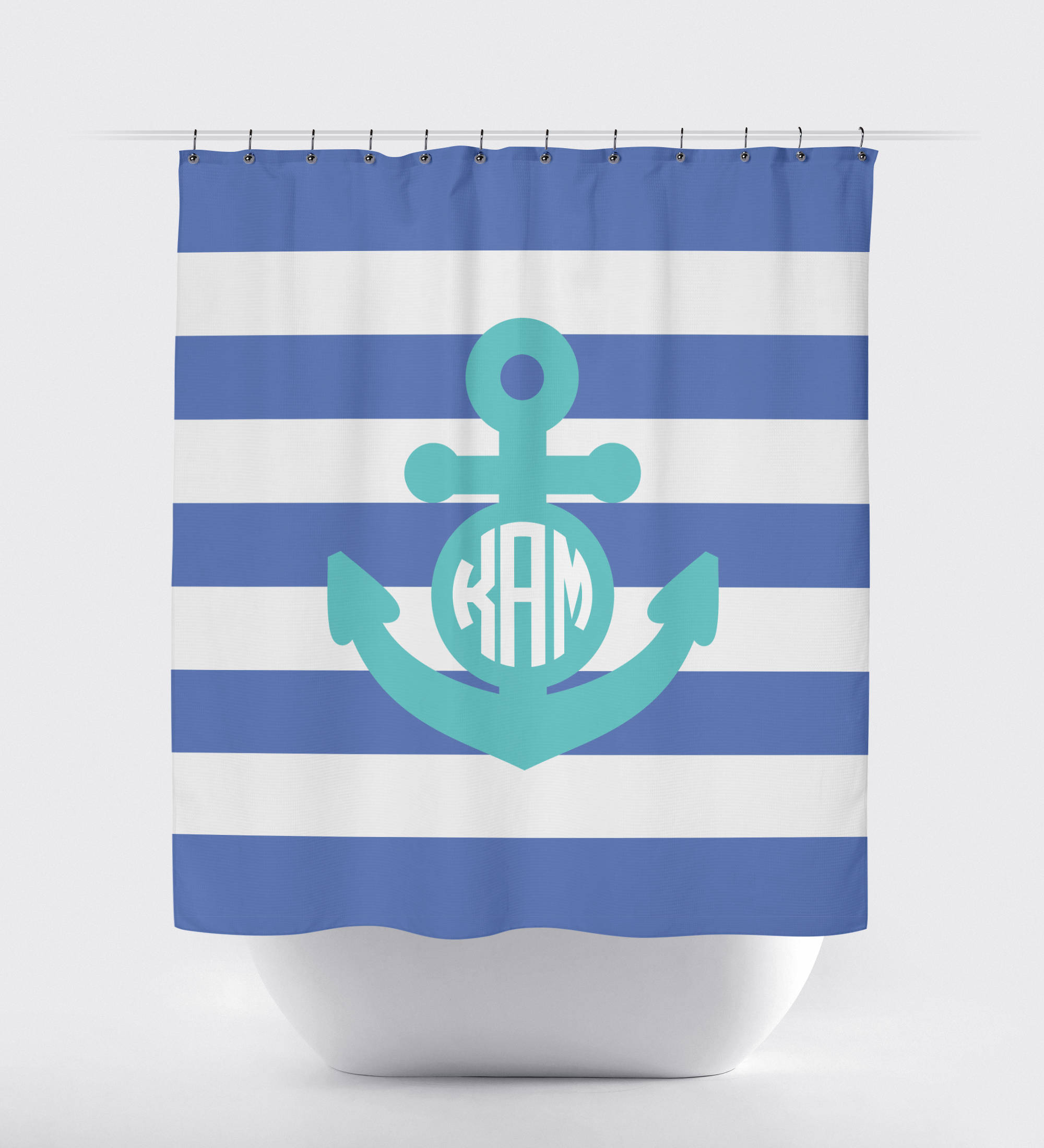 Classic Nautical Anchor Shower Curtain with Periwinkle Stripes and Pool Monogram for Your Bathroom Decor