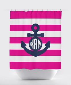Classic Nautical Anchor Shower Curtain with Periwinkle Stripes and Pool Monogram for Your Bathroom Decor