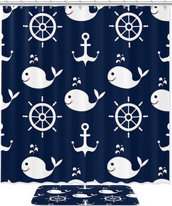 Classic Nautical Pattern Shower Curtain With Whale And Anchor Design