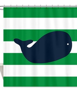 Classic Navy Blue, Green, and White Whale Shower Curtain for a Refreshing Bathroom Feel