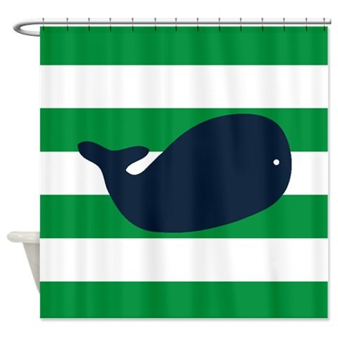 Classic Navy Blue, Green, and White Whale Shower Curtain for a Refreshing Bathroom Feel