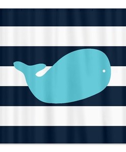 Classic Navy Blue, Green, and White Whale Shower Curtain for a Refreshing Bathroom Feel