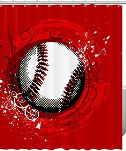 Classic Red Baseball Print Shower Curtain- Sports Theme Bathroom Decor