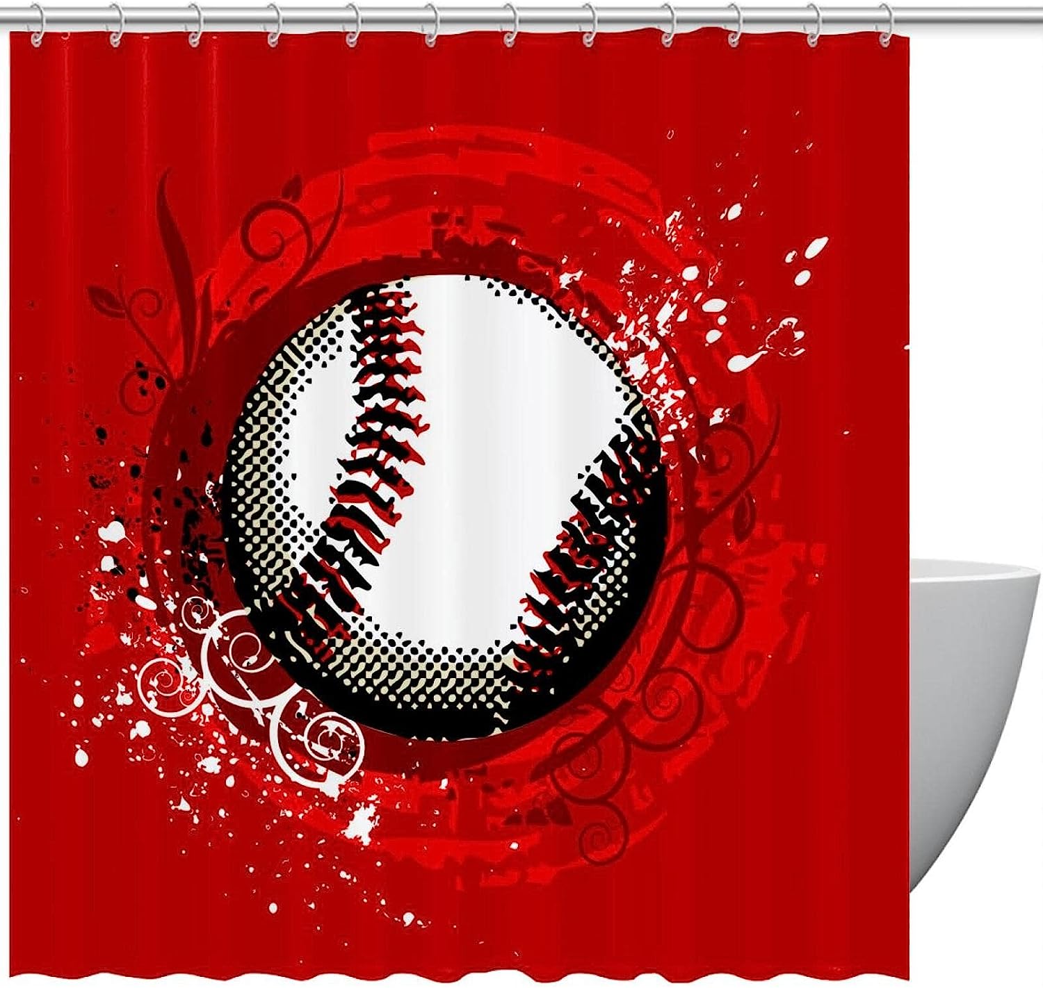 Classic Red Baseball Print Shower Curtain- Sports Theme Bathroom Decor