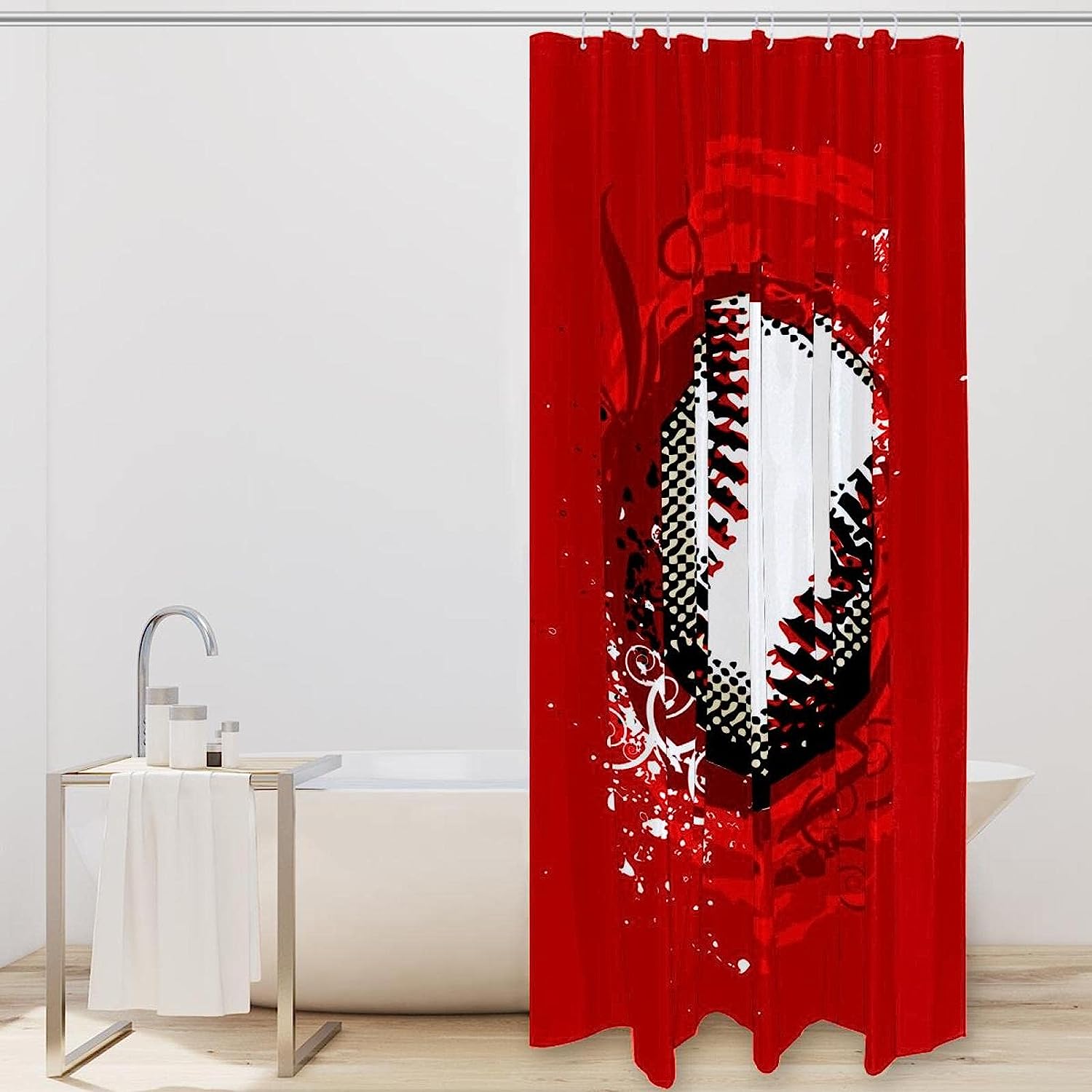 Classic Red Baseball Print Shower Curtain- Sports Theme Bathroom Decor - Image 2