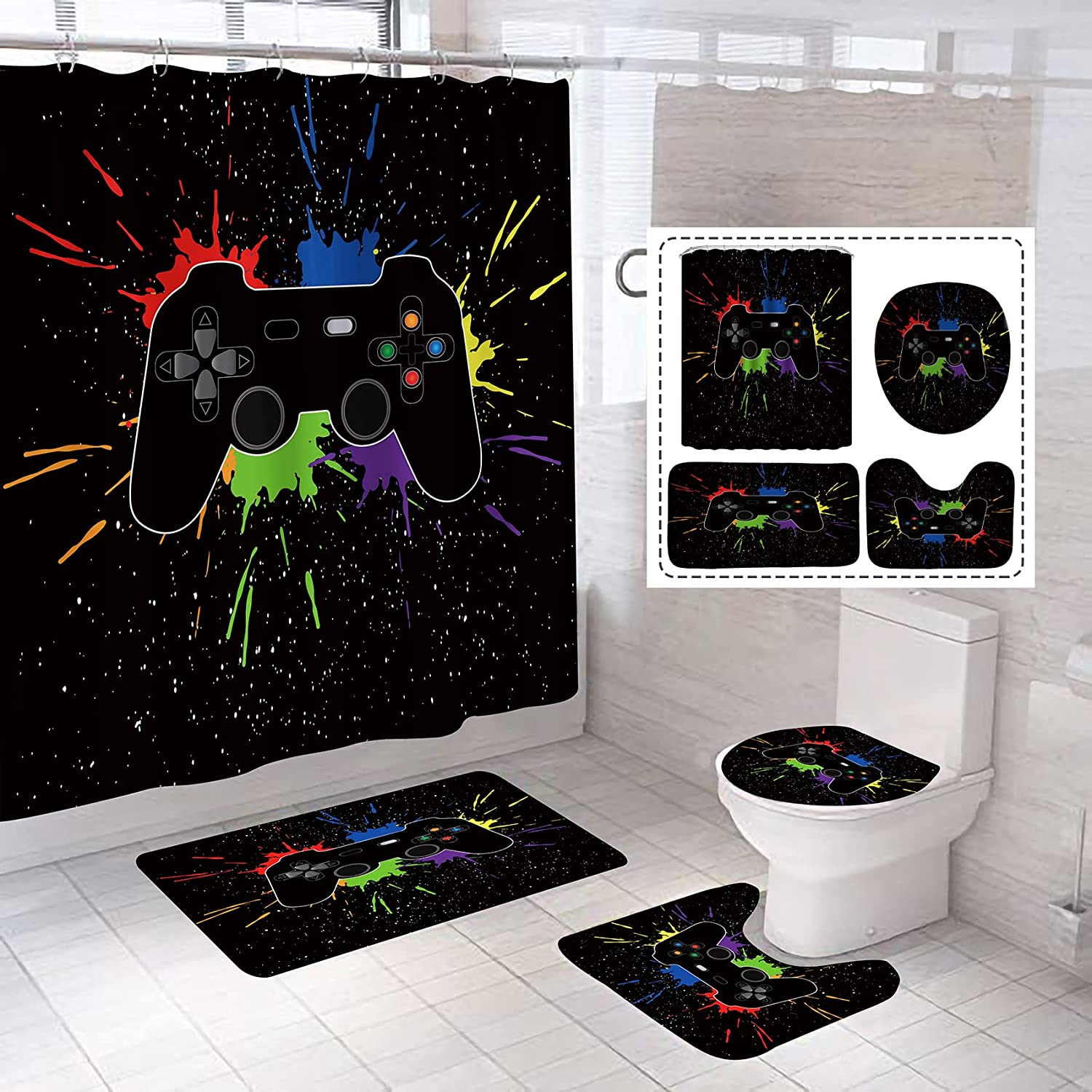 Classic Video Games Controller Bath Curtain Featuring Anti-Slip And A Splash Of Ink, Ideal For Gamers