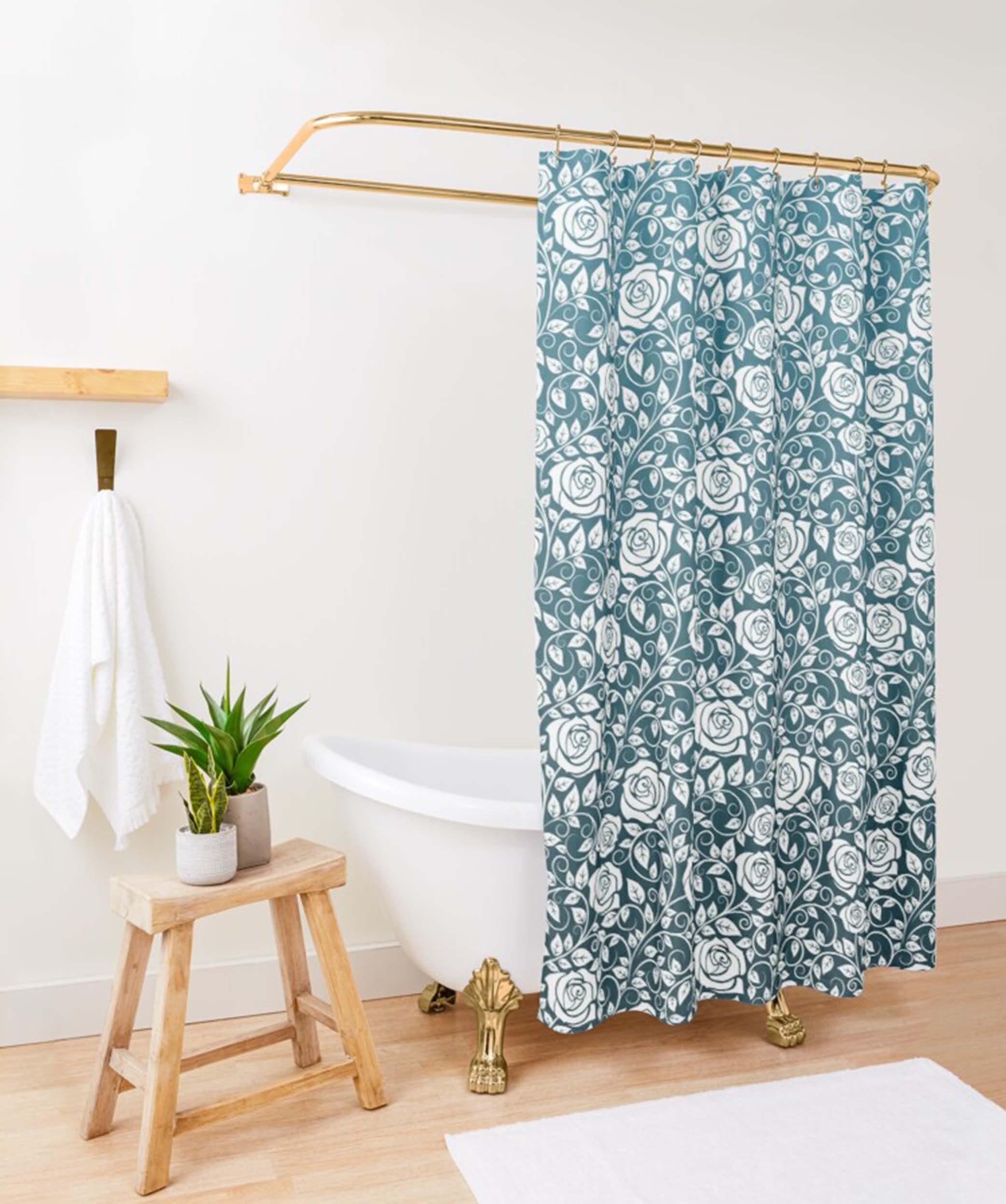 Classic White Roses Flowers Shower Curtain With Floral Print Fabric For Elegant Bathroom Decor - Image 3