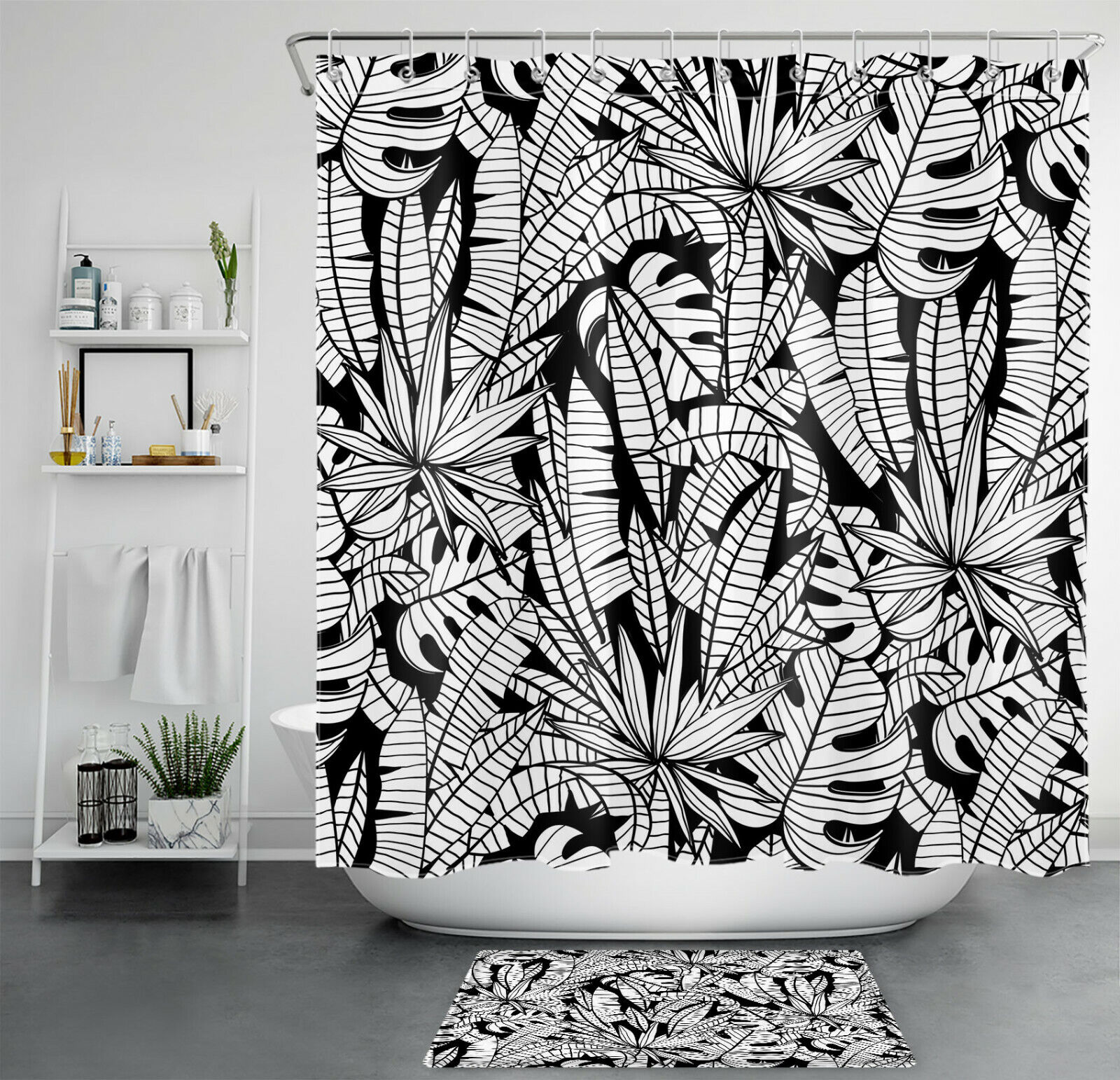 Classic and Timeless Black and White Summer Shower Curtain with Tropical Plant Leaf Design