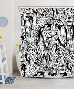 Classic and Timeless Black and White Summer Shower Curtain with Tropical Plant Leaf Design