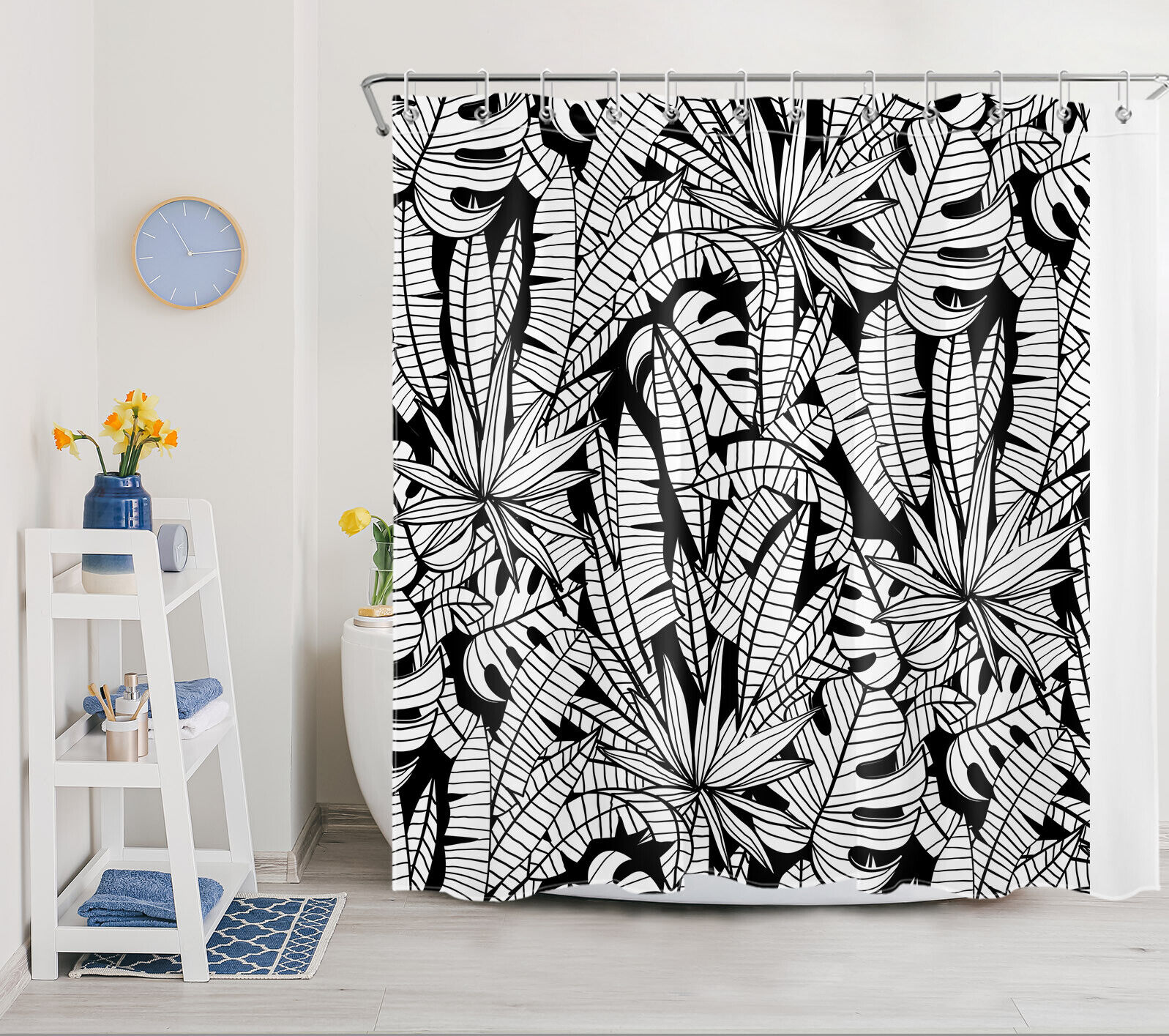 Classic and Timeless Black and White Summer Shower Curtain with Tropical Plant Leaf Design