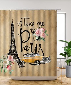 Classical Art Paris Shower Curtain with Vintage Yellow Car and Brown Eiffel Tower Design