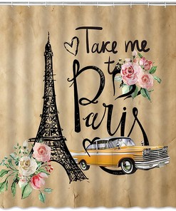 Classical Art Paris Shower Curtain with Vintage Yellow Car and Brown Eiffel Tower Design