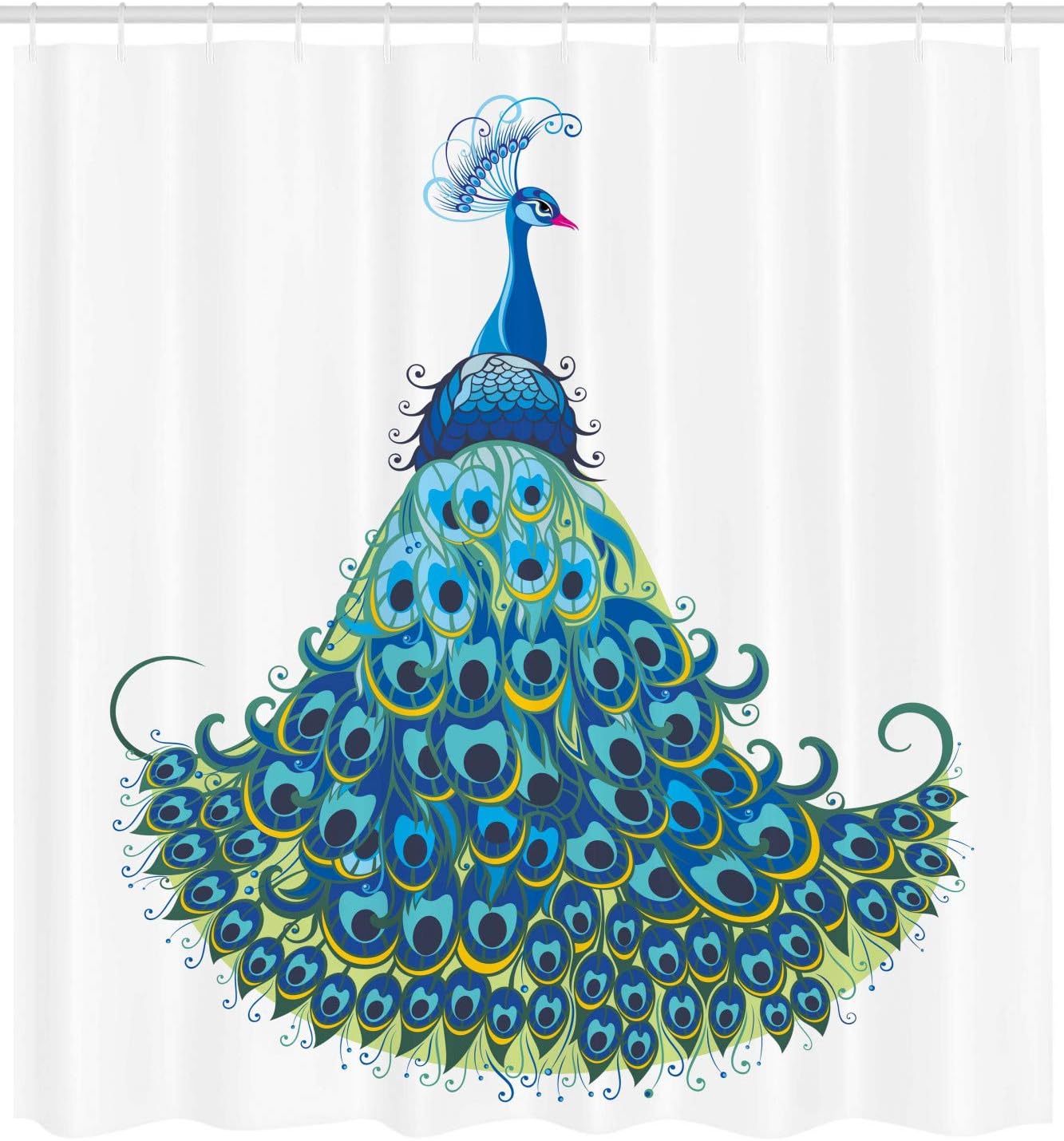 Classical Peacock Illustration Shower Curtain, Curvy Design With Floral And Wildlife Theme - Image 2