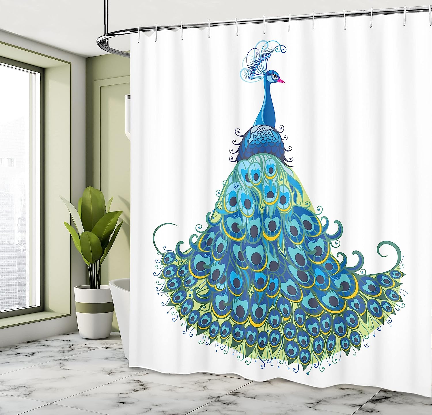 Classical Peacock Illustration Shower Curtain, Curvy Design With Floral And Wildlife Theme - Image 4