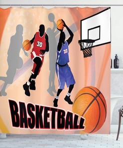 Classical Poster Style Basketball Action Players Shower Curtain In Orange And Black