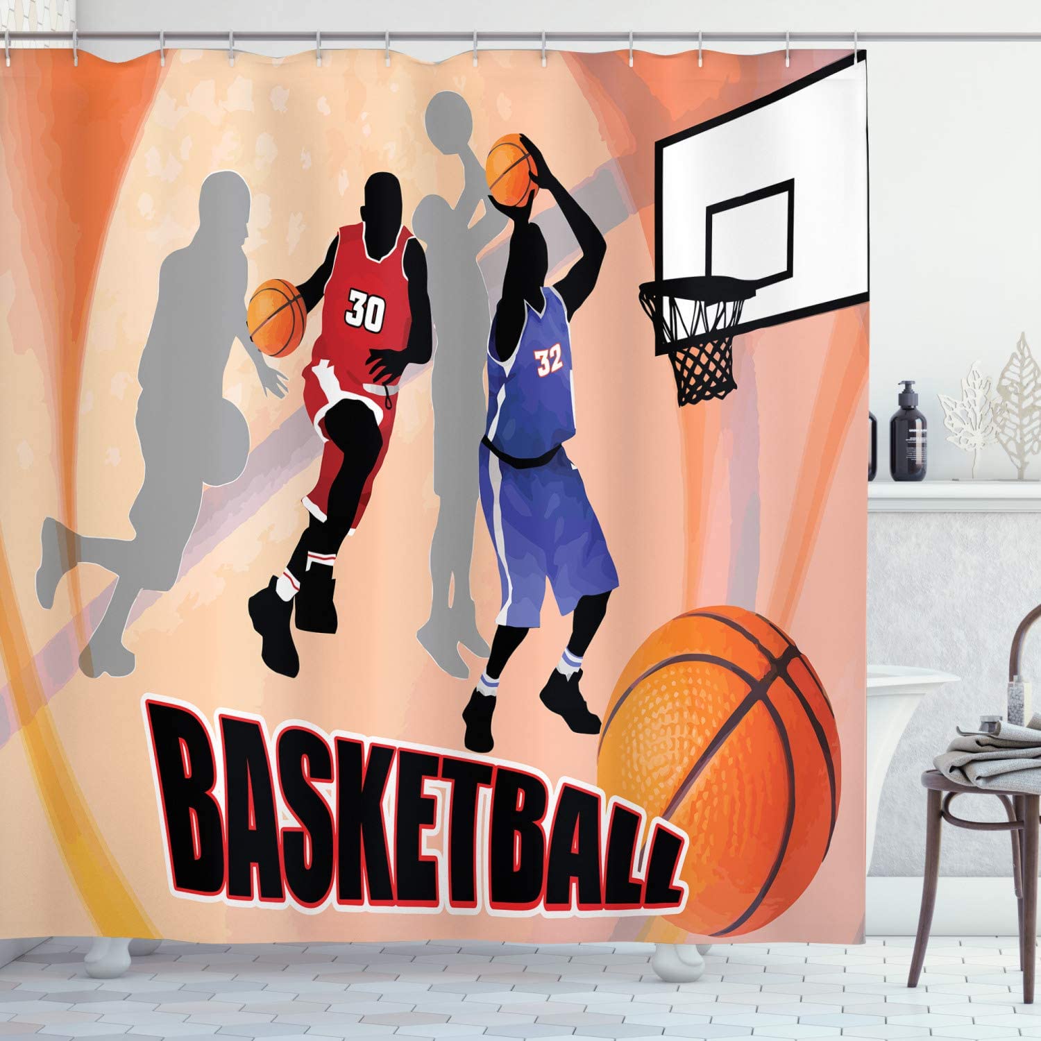 Classical Poster Style Basketball Action Players Shower Curtain In Orange And Black