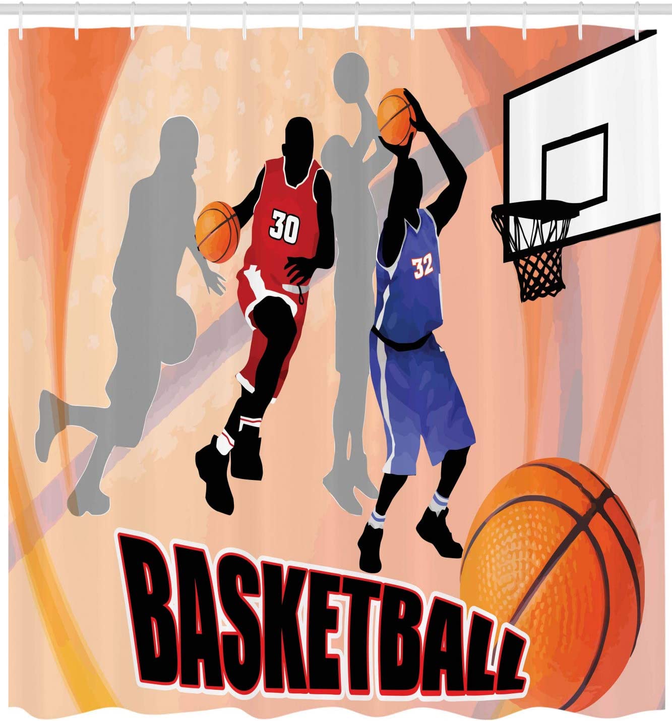 Classical Poster Style Basketball Action Players Shower Curtain In Orange And Black - Image 2