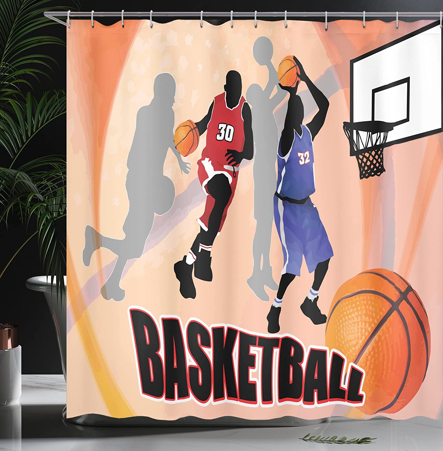 Classical Poster Style Basketball Action Players Shower Curtain In Orange And Black - Image 3