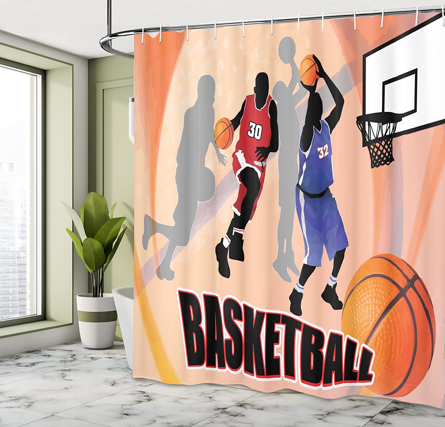 Classical Poster Style Basketball Action Players Shower Curtain In Orange And Black - Image 4