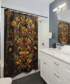 Classy Baroque Gold Floral Shower Curtain, Ideal For Luxurious Bathroom Decor