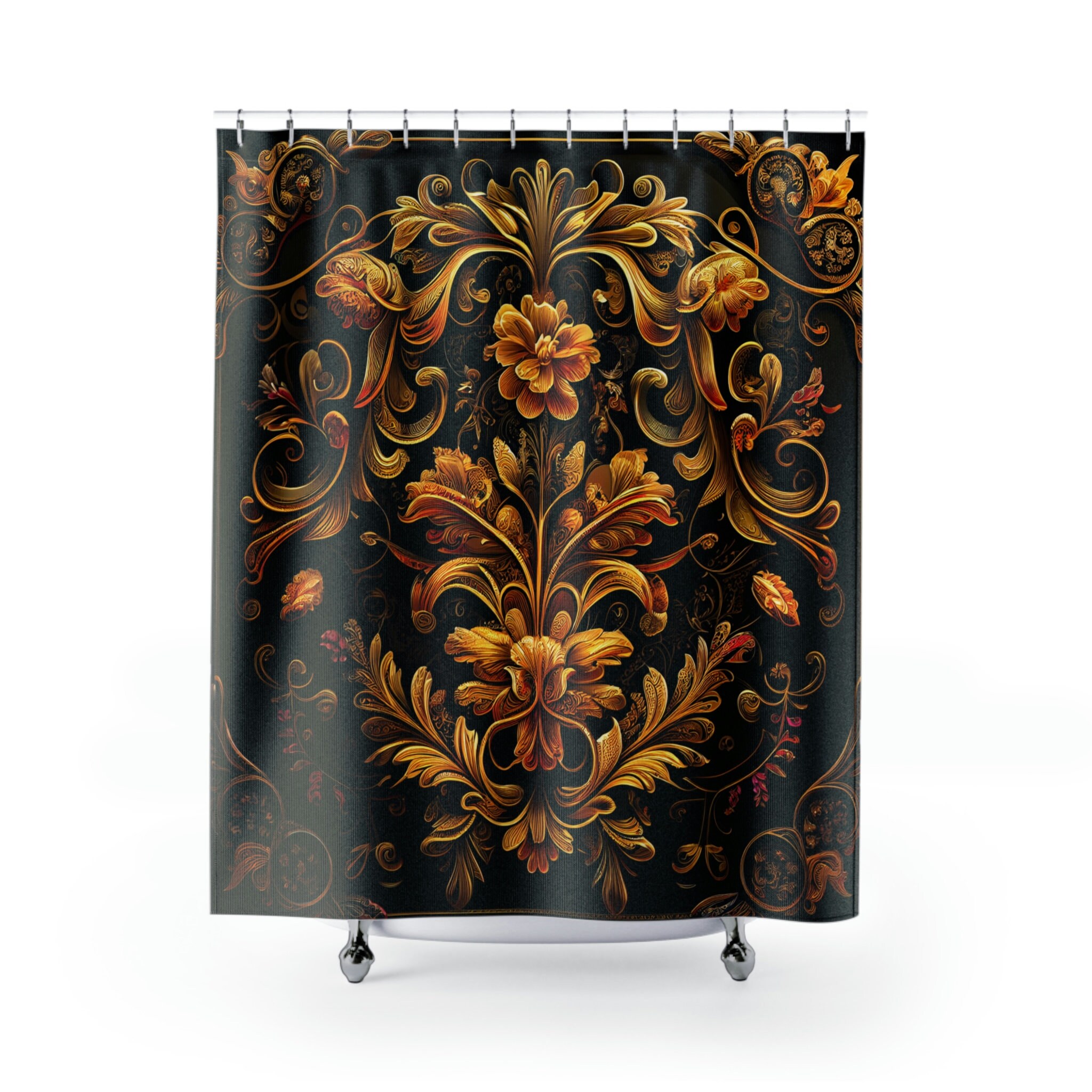 Classy Baroque Gold Floral Shower Curtain, Ideal For Luxurious Bathroom Decor - Image 2