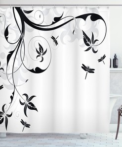 Classy Damask Curl Leaves Print Dragonfly Shower Curtain For Your Bath