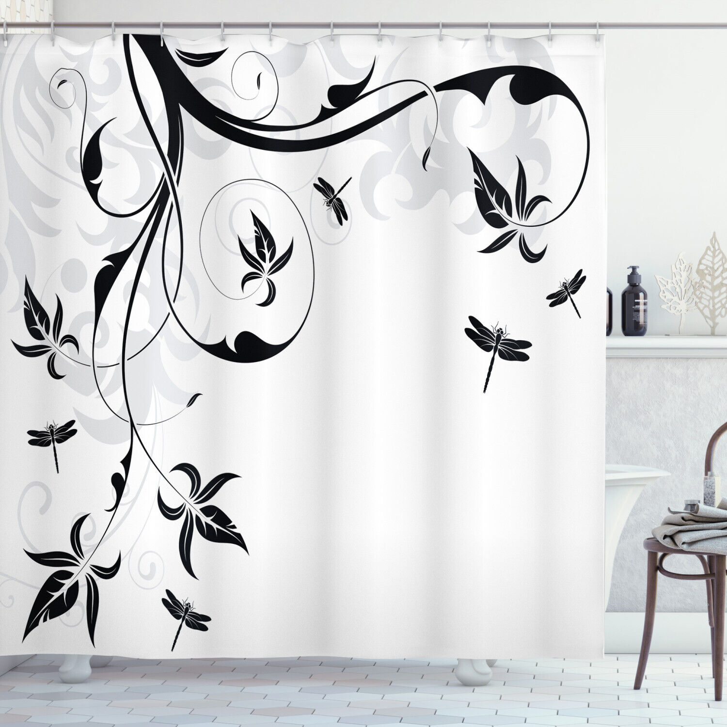 Classy Damask Curl Leaves Print Dragonfly Shower Curtain For Your Bath
