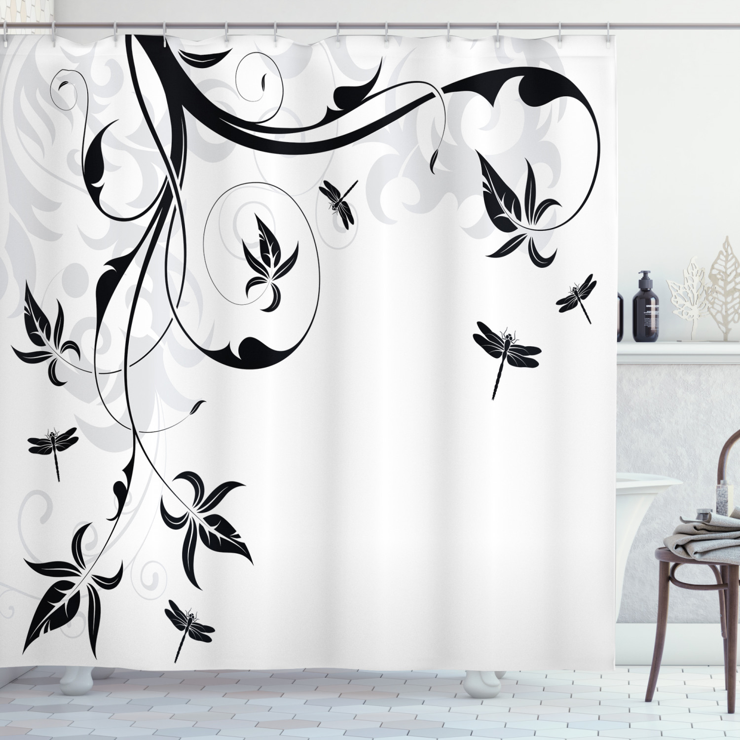 Classy Damask Curl Leaves Print Dragonfly Shower Curtain For Your Bath - Image 3