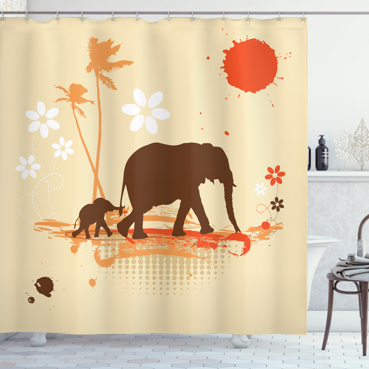 Classy Elephant Shower Curtain With Safari Tropical Lands Print For Your Bathroom