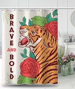 Classy Shower Curtain With Tiger Print, White Grey Pink, For Bathroom Decor