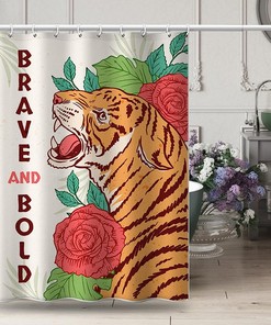 Classy Shower Curtain With Tiger Print, White Grey Pink, For Bathroom Decor