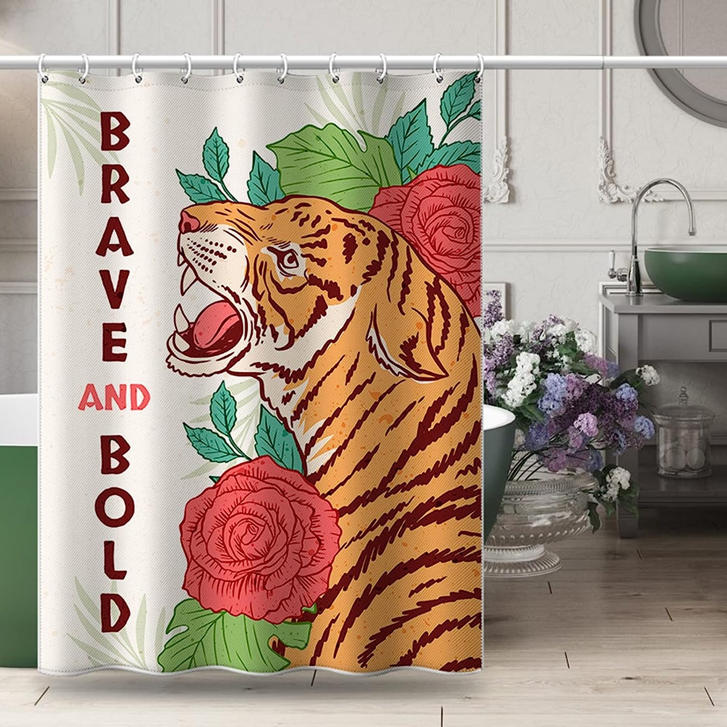 Classy Shower Curtain With Tiger Print, White Grey Pink, For Bathroom Decor
