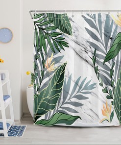 Classy Tropical Banana Leaf Shower Curtain with Beautiful Black White Marble Bathroom Accessories