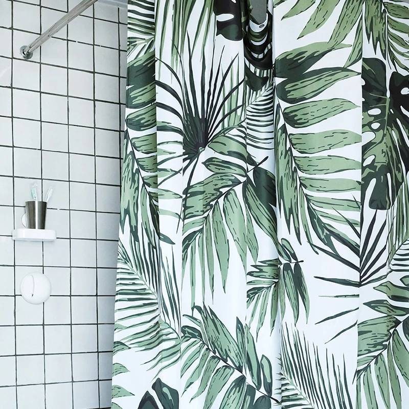 Clean Green Shower Curtain with Tropical Leaves Design for Bathroom Decor